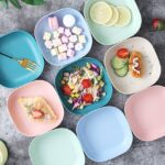 Square Plastic Dinner Plate Set (Set of 10 Pcs) Colorful Snacks Breakfast Plate with Stand